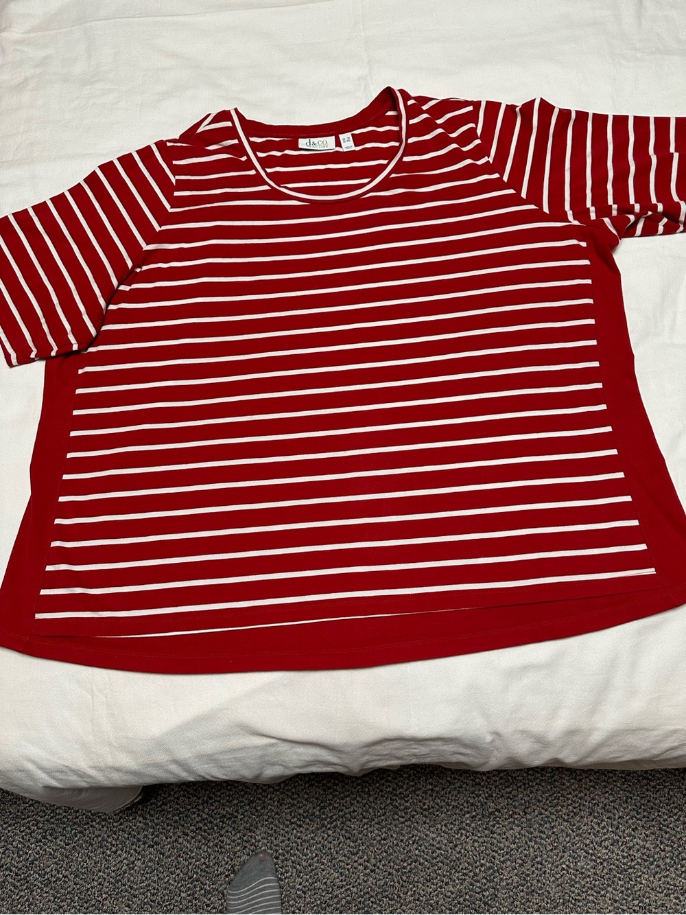Denim & Co. Active Red & White Striped Top With Solid Sides- Classic Crewneck